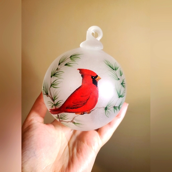 Handmade Thick Frosted Glass Hand Painted Red Cardinal & Branches Big Ornament